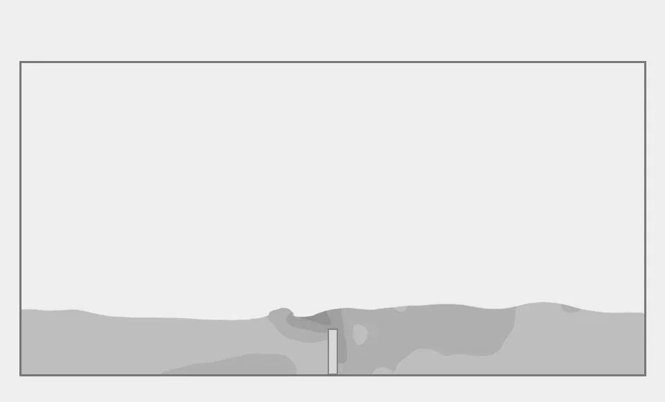 The same tank and motion with a floor baffle at mid-length.